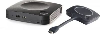 Barco Clickshare C-5 simple one-click wireless presentation for huddle spaces, with additional USB-C device to start wireless conferencing and content sharing