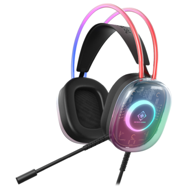 Deltaco DH230 Semi-transparent Gaming Headset, regnbågs-LED, 3,5mm för ljud, USB för ström