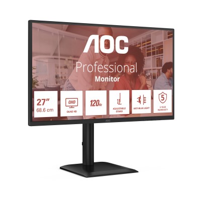 27" AOC Q27E4CV, IPS 2560x1440, 4 ms, 120Hz, höjdjusterbar, pivot, HDMI/DP/USB-C 90W, LAN, högtalare, USB 3.2-hubb