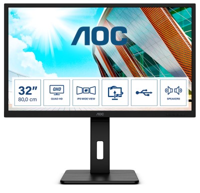 31.5" AOC Q32P2, IPS 2560x1440, 4 ms, 75Hz, höjdjusterbar, pivot, 2xHDMI/DP, högtalare, USB 3.2-hubb