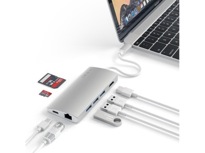 Hub USB-C till 3USB3/USB-C/HDMI-4K30/GLAN/kortläsare USB-C laddning 49W silver Satechi Multiport V2