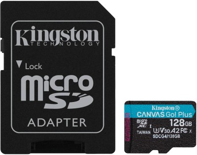 Micro Secure Digital SDXC 128 GB Kingston Canvas Go! Plus Gen4, 200 MB/sek läs, Class 10, UHS-I U3, V30, A2, inkl. SD-adapter