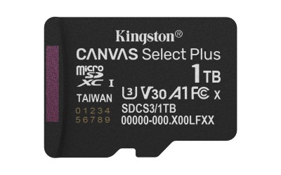 Micro Secure Digital SDXC 1 TB Kingston Canvas Select Plus Gen3, 150 MB/sek läs, Class 10, A1, UHS-I U1