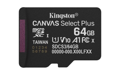Micro Secure Digital SDXC 64 GB Kingston Canvas Select Plus Gen3, 100 MB/sek läs, Class 10, A1, UHS-I U1#1