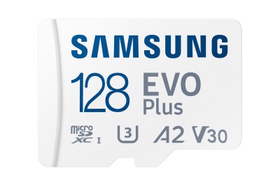 Micro Secure Digital SDXC 128 GB Samsung EVO Plus, 160/160 MB/sek, Class 10, UHS-I V30, U3, A2, inkl. SD-adapter