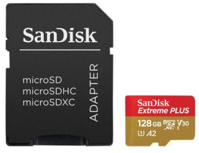 Micro Secure Digital SDXC 128 GB Sandisk Extreme Plus, 200/90 MB/sek, Class 10, UHS-I V30, U3, A2, inkl. SD-adapter