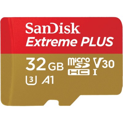 Micro Secure Digital SDHC 32 GB Sandisk Extreme Plus, 200/90 MB/sek, Class 10, UHS-I V30, U3, A2, inkl. SD-adapter