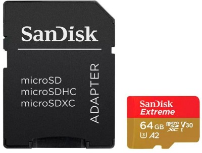 Micro Secure Digital SDXC 64 GB Sandisk Extreme Plus, 200/90 MB/sek, Class 10, UHS-I V30, U3, A2, inkl. SD-adapter