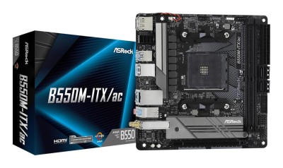 ASRock B550M-ITX/ac, AMD Socket AM4, Mini-ITX, 2xDDR4, PCI Express, 2xM.2 + SATA3 RAID, HDMI/DP, USB-C, GigaLAN, WiFi 5, Bluetooth 4.2