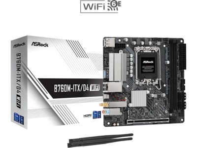 ASRock B760M-ITX/D4 WiFi, Intel LGA1700, PCI Express, Mini-ITX, 2xDDR4, 2xM.2 + SATA3, HDMI/DP, USB-C, GigaLAN, WiFi 6E, Bluetooth 5.3