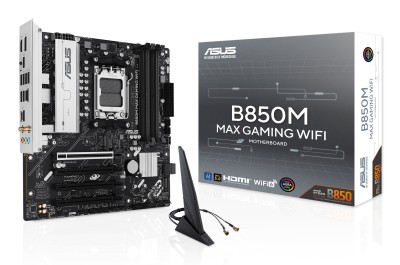Asus B850M MAX GAMING WIFI, AMD AM5, MicroATX, 4xDDR5, 4xPCI Express, 3xM.2 + SATA3 RAID, HDMI/DP, USB-C, GigaLAN, WiFi 6, Bluetooth 5.4, Aura Sync RGB
