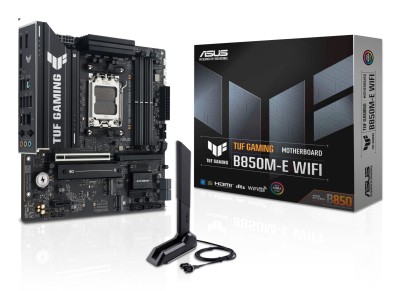 Asus TUF GAMING B850M-E WIFI, AMD AM5, MicroATX, 4xDDR5, 2xPCI Express, 3xM.2 + SATA3 RAID, HDMI/2xDP, USB-C, 2.5GbE LAN, WiFi 6E, Bluetooth 5.3, Aura Sync RGB