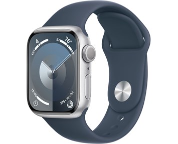 Apple Watch 9 GPS, 41mm Silver Aluminiumboett med Stormblå Sportband - M/L