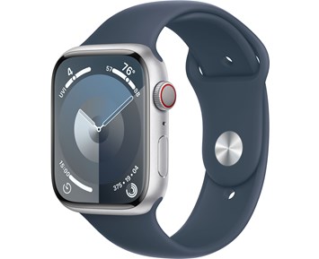 Apple Watch 9 GPS, 45mm Silver Aluminiumboett med Stormblå Sportband - S/M