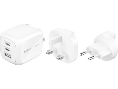 Väggladdare + reseadapter Belkin BoostCharge Pro GaN 70W, 2xUSB-C, 1xUSB-A - Vit