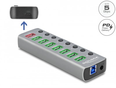 DELOCK USB 3.2 Gen 1 Hub mit 7 Ports + 1 Schnellladeport + 1 USB-C PD 3.0 Port mit Schalter und Beleuchtung