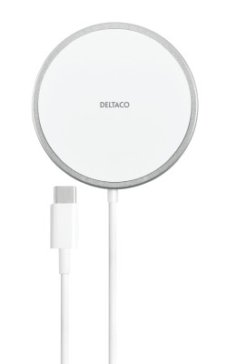 Deltaco QI-1034, trådlös laddare med magnet, lämplig för iPhone 12/13/14/15/16, 1m fast kabel, USB-C - Vit/Silver