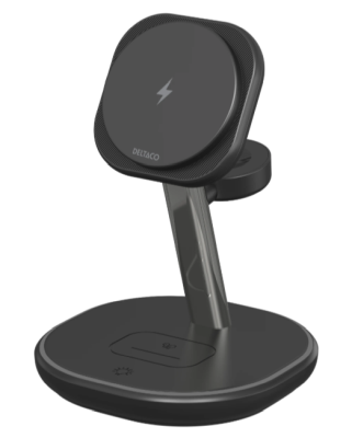 Deltaco 3-i-1 magnetiskt trådlöst laddningsställ, iPhone/TWS/Klocka, LED-ljus, inkl. USB-C laddningskabel