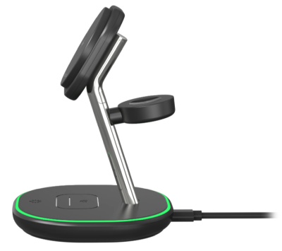 Deltaco 3-i-1 magnetiskt trådlöst laddningsställ, iPhone/TWS/Klocka, LED-ljus, inkl. USB-C laddningskabel#2