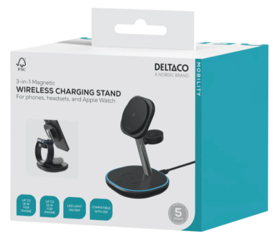 Deltaco 3-i-1 magnetiskt trådlöst laddningsställ, iPhone/TWS/Klocka, LED-ljus, inkl. USB-C laddningskabel#4