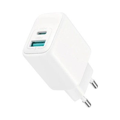 Nätadapter 20W väggladdare USB-A max 15W/USB-C max 20W vit