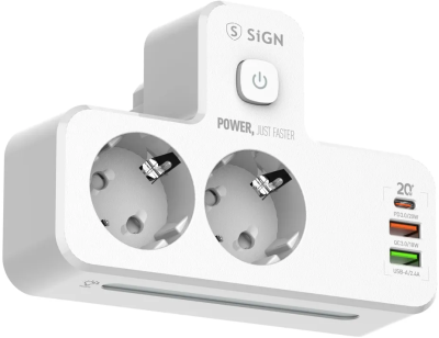 Grenuttag/laddare SiGN 20W med LED-nattlampa, 2-vägs, 2xUSB-A, 1xUSB-C - Vit