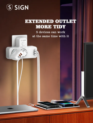 Grenuttag/laddare SiGN 20W med LED-nattlampa, 2-vägs, 2xUSB-A, 1xUSB-C - Vit#2