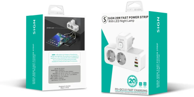Grenuttag/laddare SiGN 20W med LED-nattlampa, 2-vägs, 2xUSB-A, 1xUSB-C - Vit#5