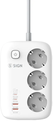 Grenuttag/laddare SiGN 65W GaN, 3-vägs, 2xUSB-A, 2xUSB-C, 2m kabel - Vit