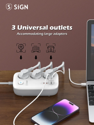 Grenuttag/laddare SiGN 65W GaN, 3-vägs, 2xUSB-A, 2xUSB-C, 2m kabel - Vit#2