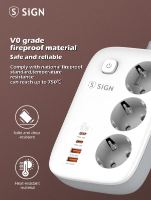 Grenuttag/laddare SiGN 65W GaN, 3-vägs, 2xUSB-A, 2xUSB-C, 2m kabel - Vit#3