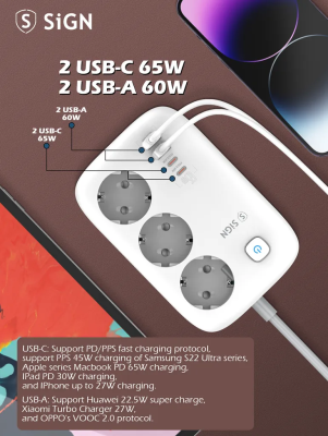 Grenuttag/laddare SiGN 65W GaN, 3-vägs, 2xUSB-A, 2xUSB-C, 2m kabel - Vit#4