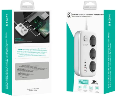 Grenuttag/laddare SiGN 65W GaN, 3-vägs, 2xUSB-A, 2xUSB-C, 2m kabel - Vit#5