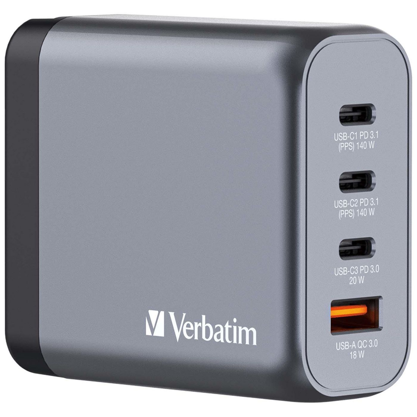 Verbatim GNC-140 GaN Charger 140W with 2 x USB-C® PD 140W. 1 x